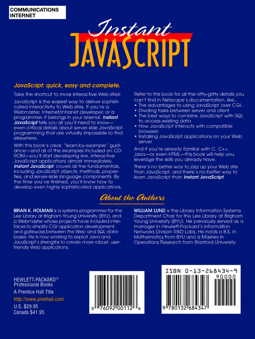 Back cover of Instant JavaScript with the original description and author biographies
