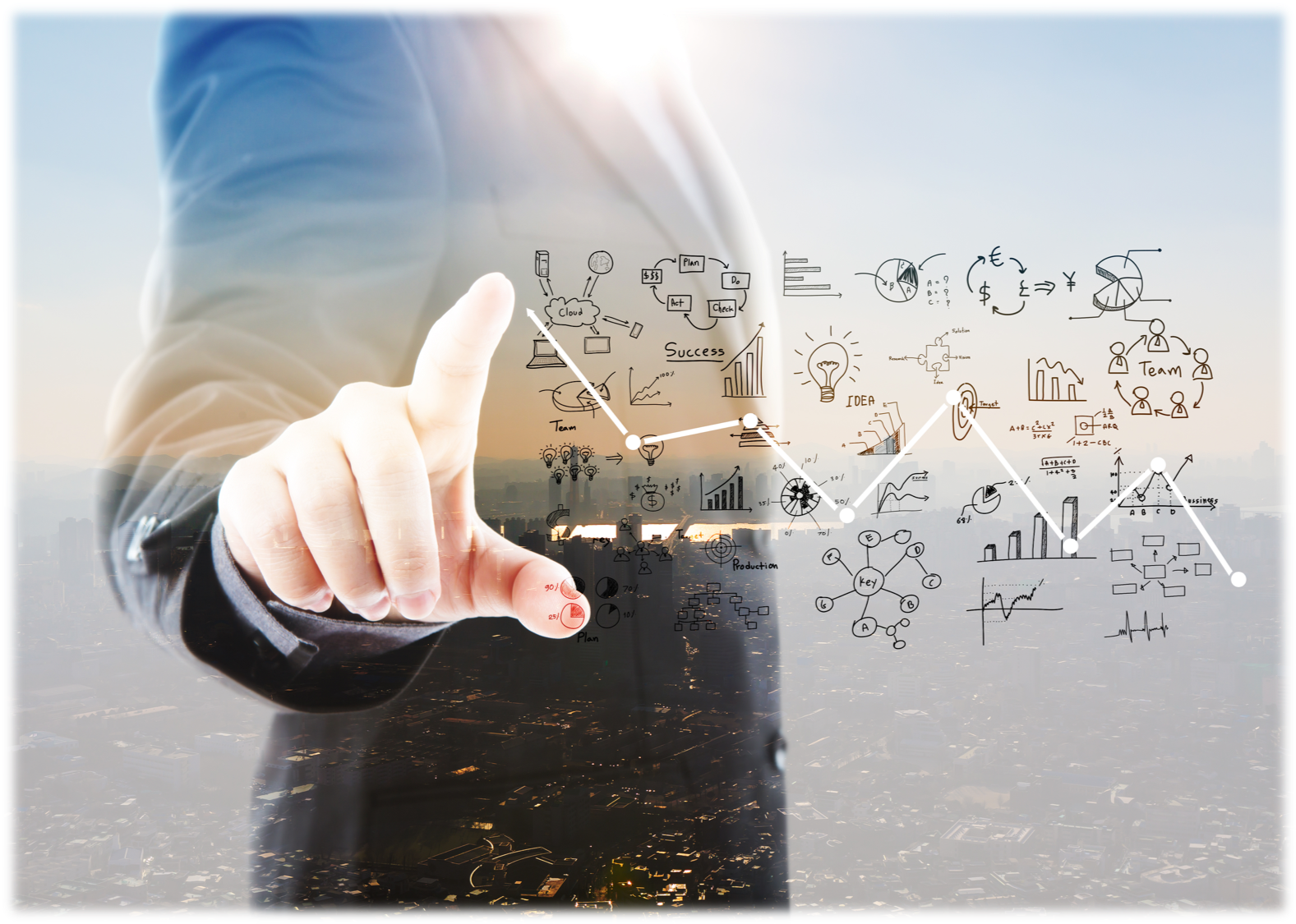 A hand interacting with an illustration of business ideas, financial charts, and connected systems.