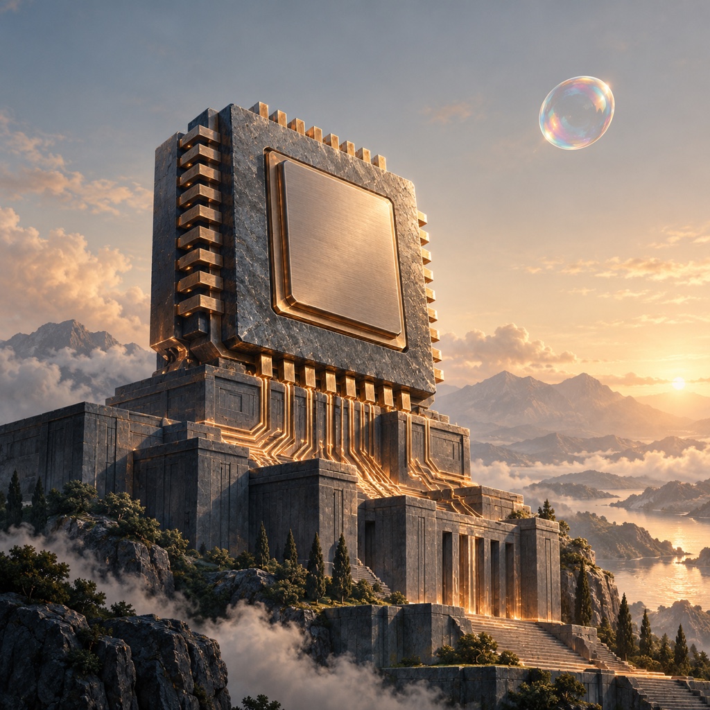 Illustration d’une puce informatique sur une base solide, sous une petite bulle