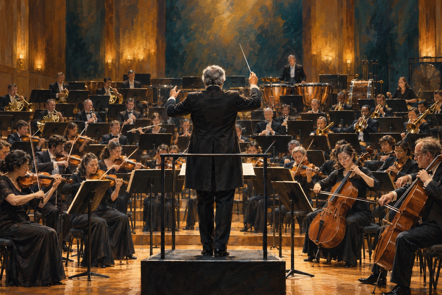 Un chef dirigeant un grand orchestre sous un éclairage de scène chaleureux