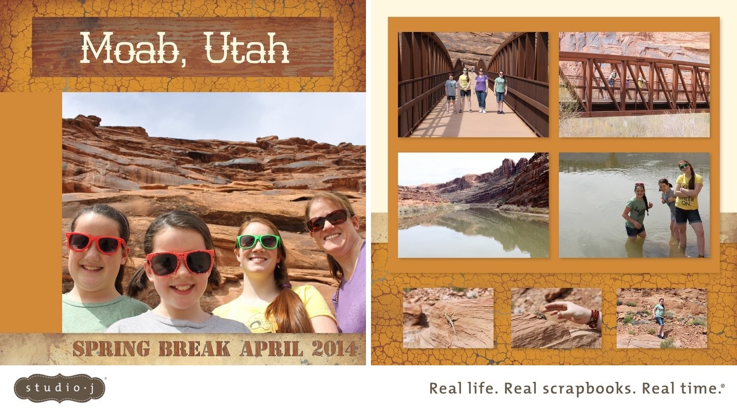 Double page terminée dans Studio J du voyage de la famille Holman à Moab en avril 2014